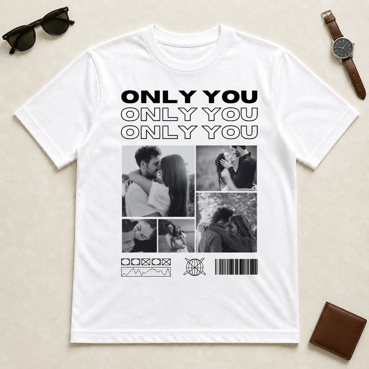 Koszulka personalizowana dla par ONLY YOU ze zdjęciami #4221 — mockup cmtr4f5wj0002td63qsibb7kr