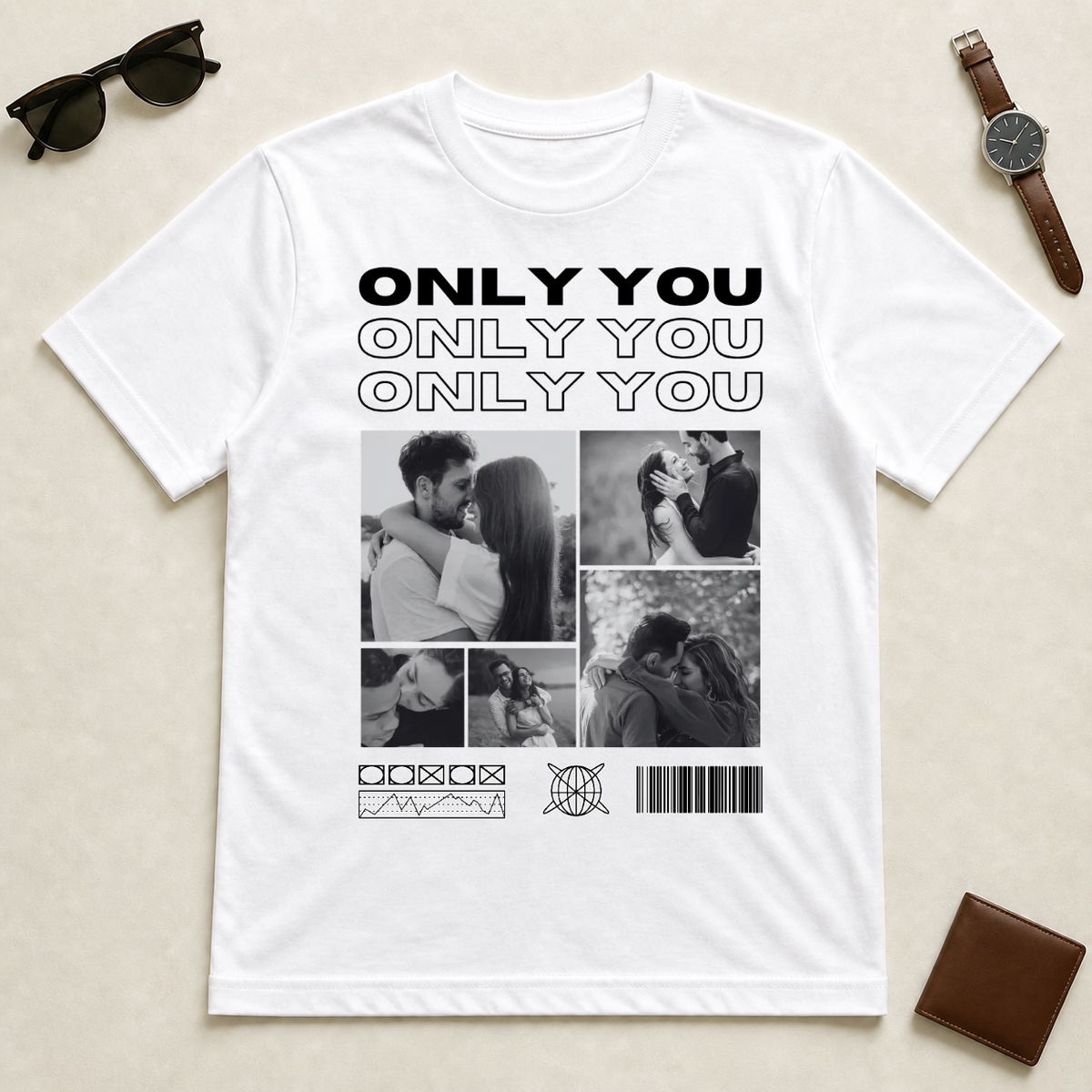 Koszulka personalizowana dla par ONLY YOU ze zdjęciami #4221 — mockup cmtr4f5wj0002td63qsibb7kr
