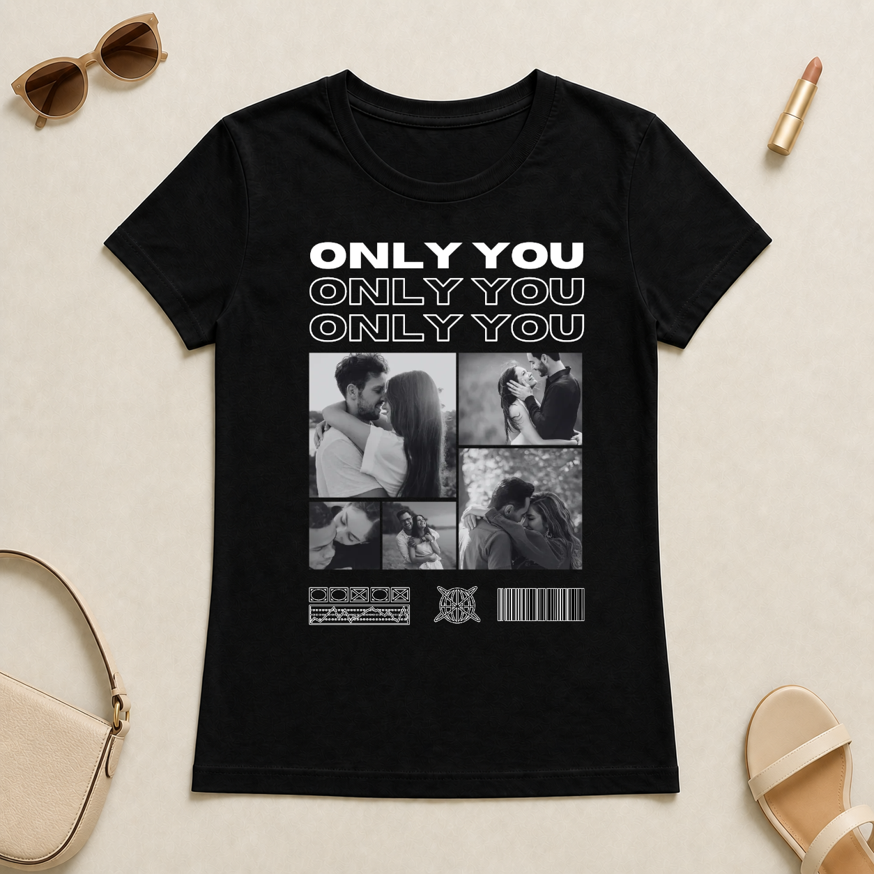 Koszulka personalizowana dla par ONLY YOU ze zdjęciami #4221 — mockup cmtr55s4r001nlear6seih0x9