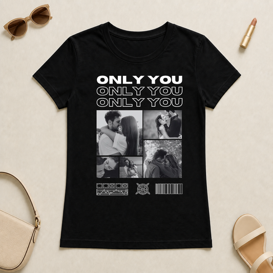 Koszulka personalizowana dla par ONLY YOU ze zdjęciami #4221 — mockup cmtr55s4r001nlear6seih0x9