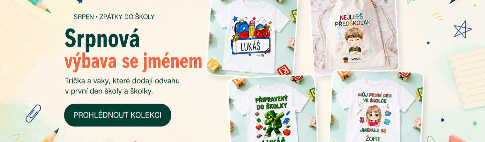 Srpnová výbava se jménem – trička a vaky zpátky do školy